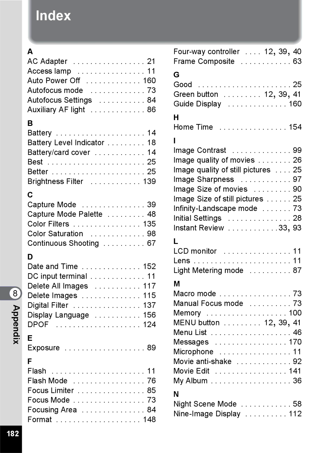 Pentax Optio S6 specifications Index, 182, Battery/card cover 