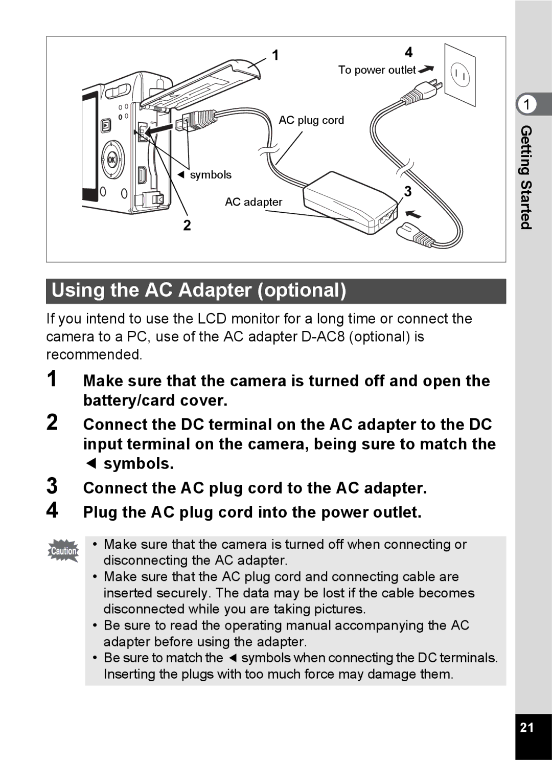 Pentax Optio S6 specifications Using the AC Adapter optional, Getting, Started 