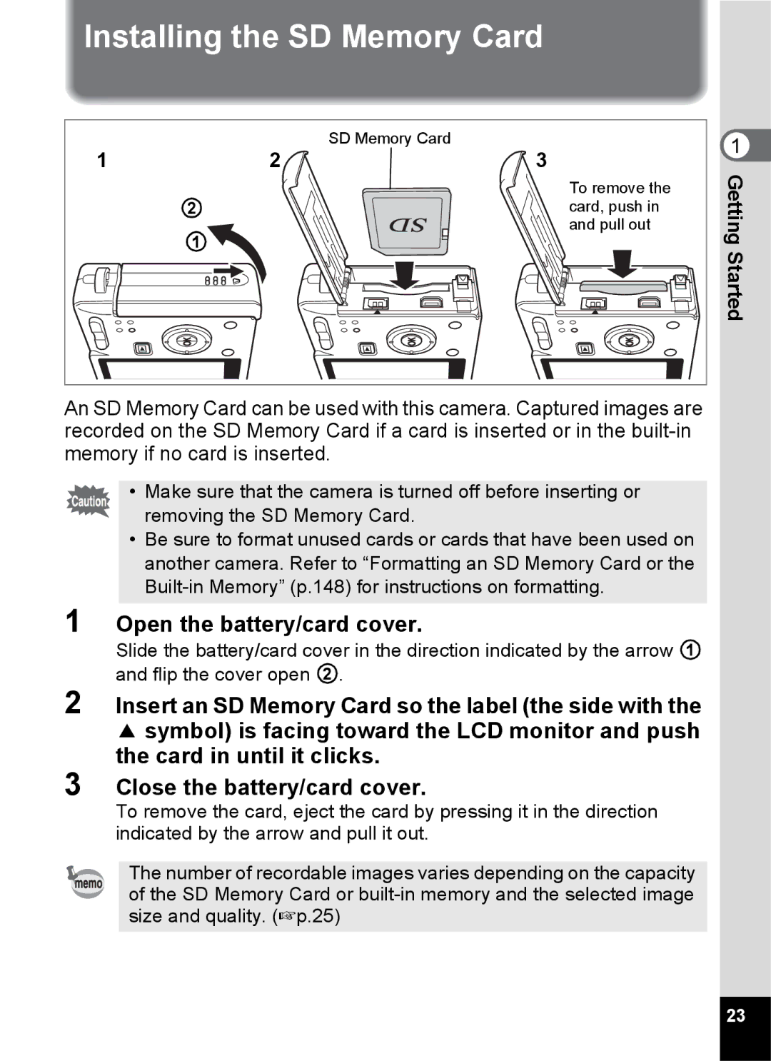 Pentax Optio S6 specifications Installing the SD Memory Card, Open the battery/card cover 