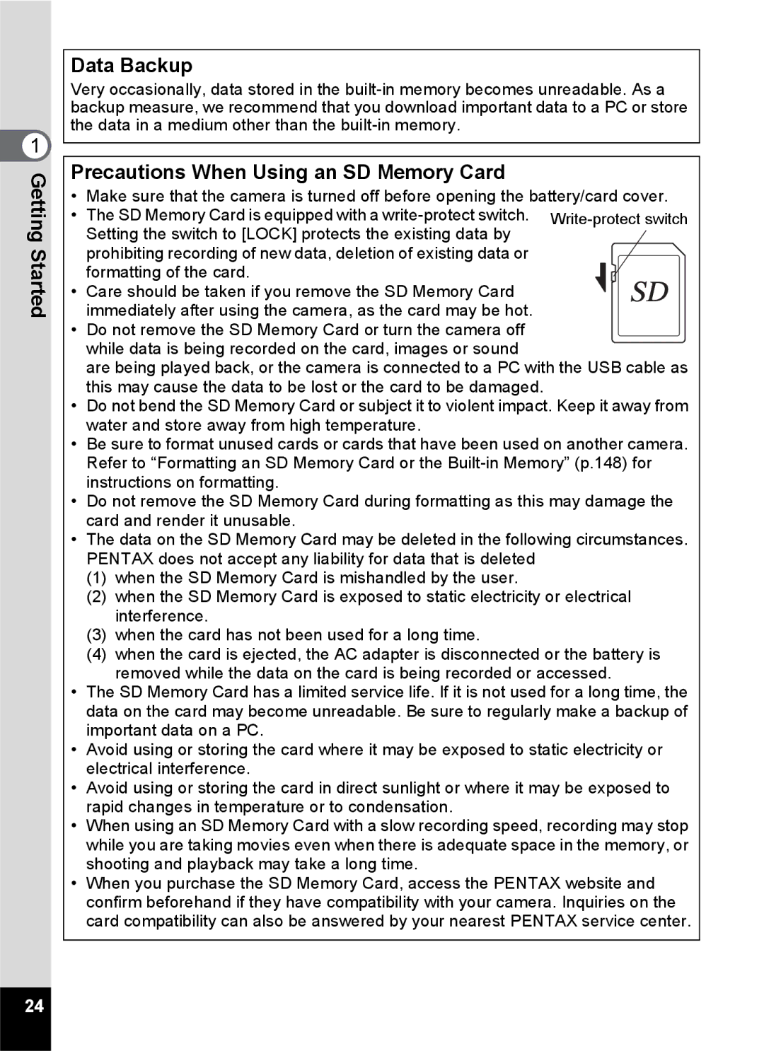 Pentax Optio S6 specifications Data Backup, Precautions When Using an SD Memory Card 