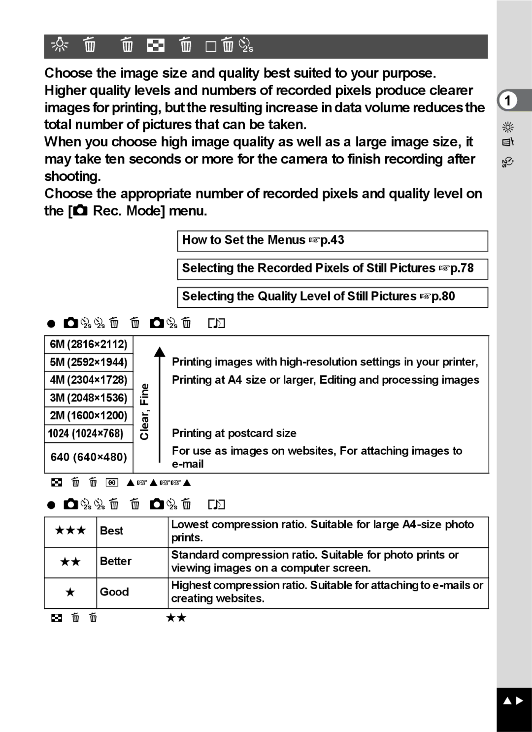 Pentax Optio S6 specifications Image Size and Quality of Still Pictures, Appropriate Sizes According to Use 