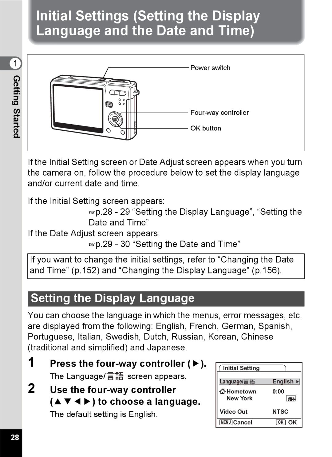 Pentax Optio S6 specifications Setting the Display Language, Press the four-way controller 