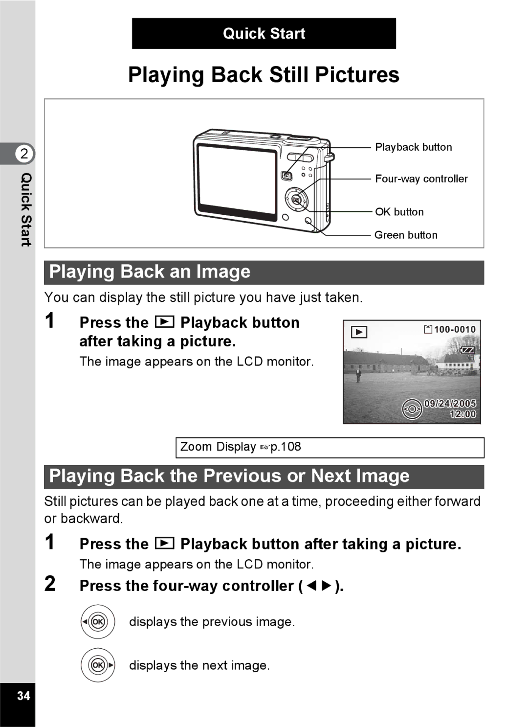 Pentax Optio S6 specifications Playing Back an Image, Playing Back the Previous or Next Image 