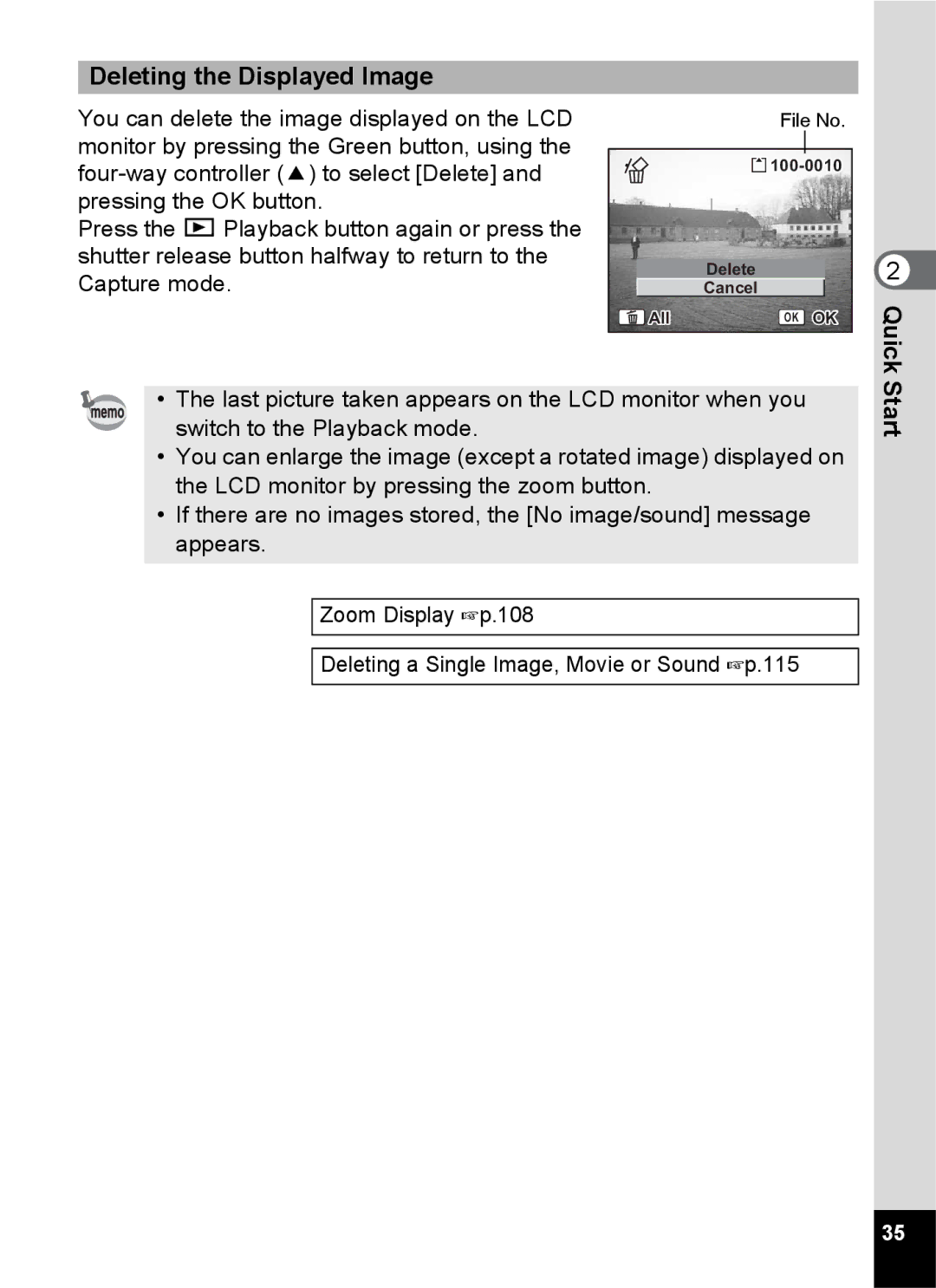 Pentax Optio S6 specifications Deleting the Displayed Image, Start 