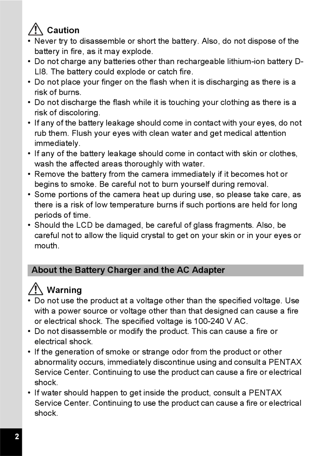 Pentax Optio S6 specifications About the Battery Charger and the AC Adapter 