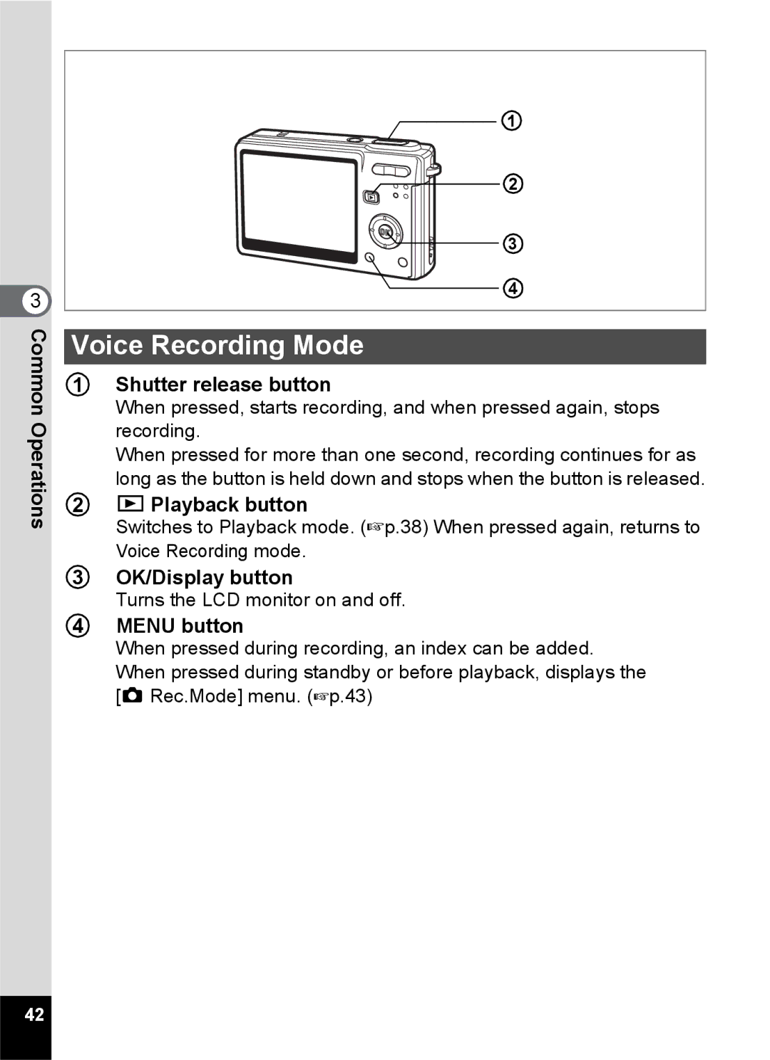 Pentax Optio S6 specifications Voice Recording Mode, Shutter release button 