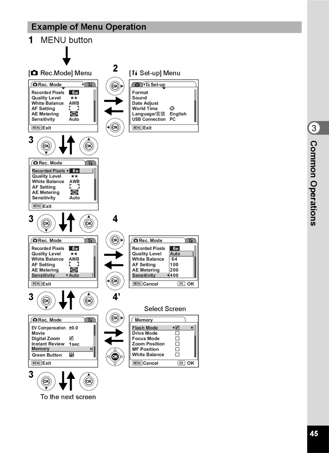 Pentax Optio S6 specifications Example of Menu Operation, Menu button 