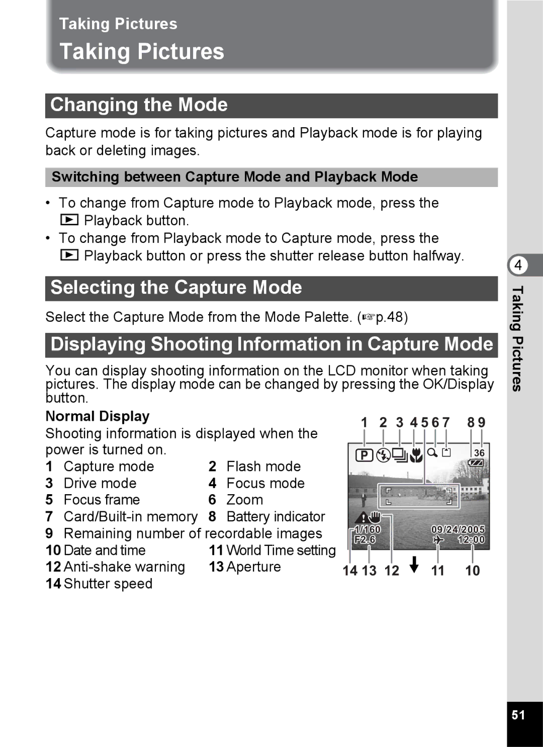 Pentax Optio S6 specifications Taking Pictures, Changing the Mode, Selecting the Capture Mode 