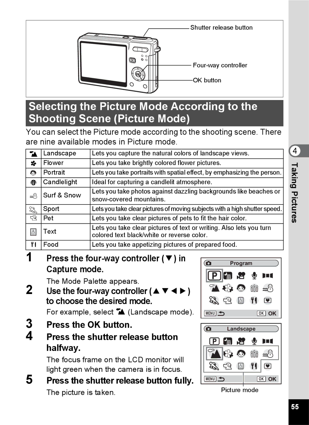 Pentax Optio S6 Press the four-way controller 3, Capture mode, Use the four-way controller To choose the desired mode 