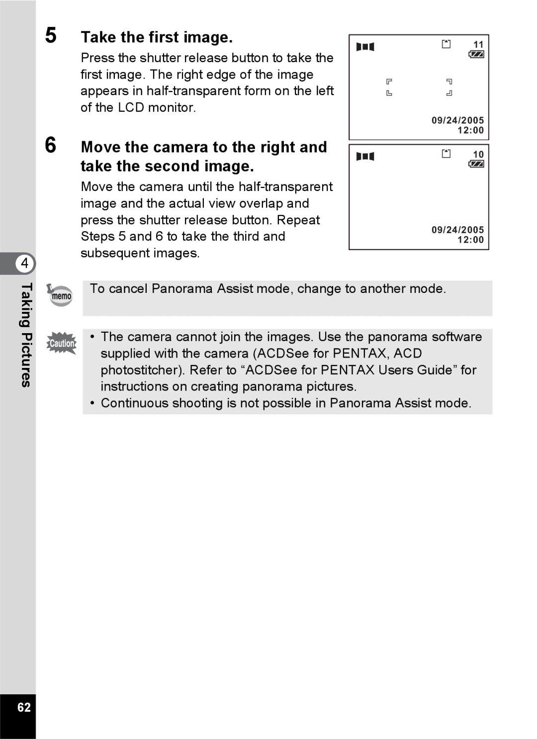 Pentax Optio S6 specifications Take the first image, Move the camera to the right and take the second image 