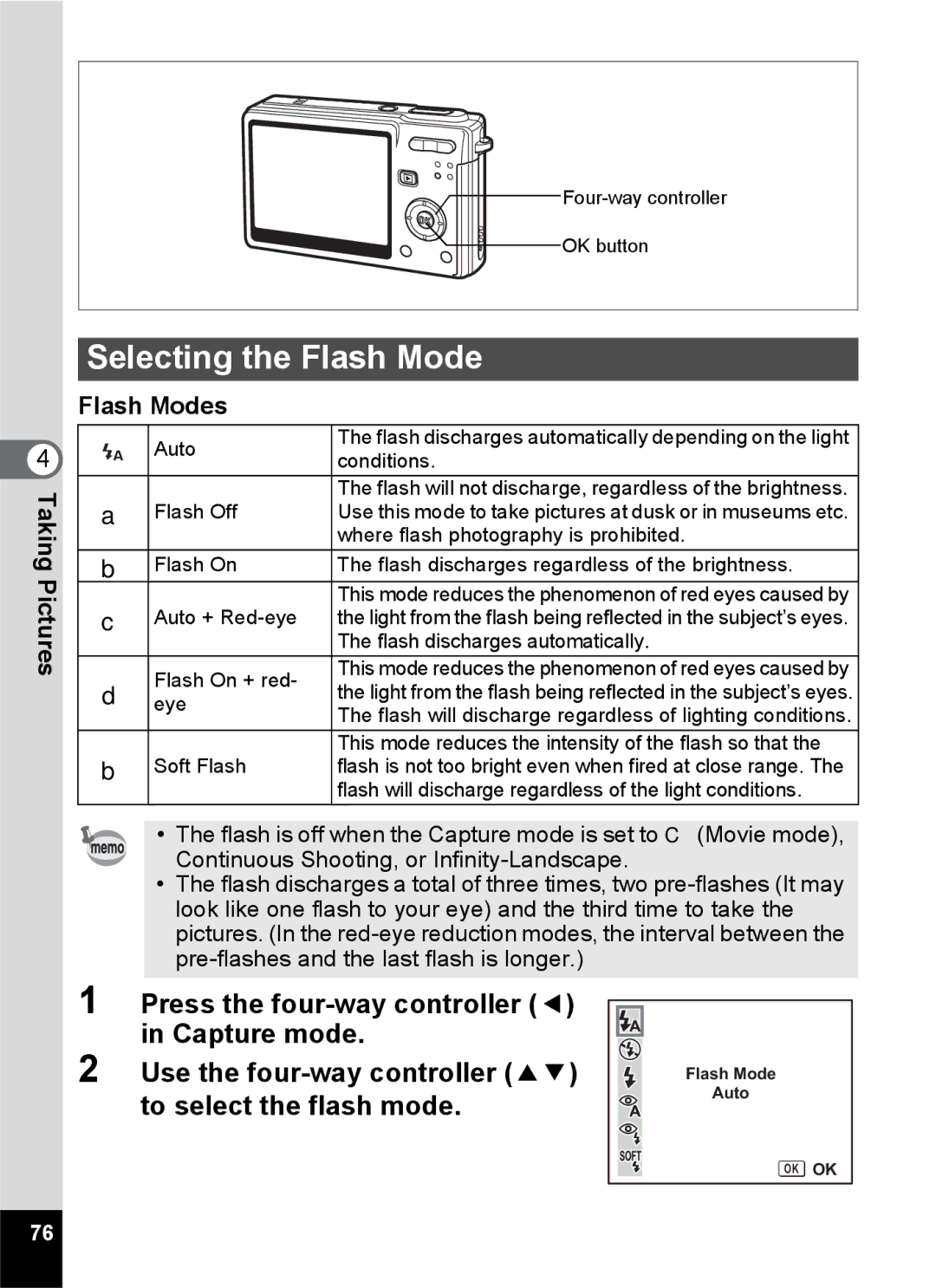 Pentax Optio S6 specifications Selecting the Flash Mode, Flash Modes 