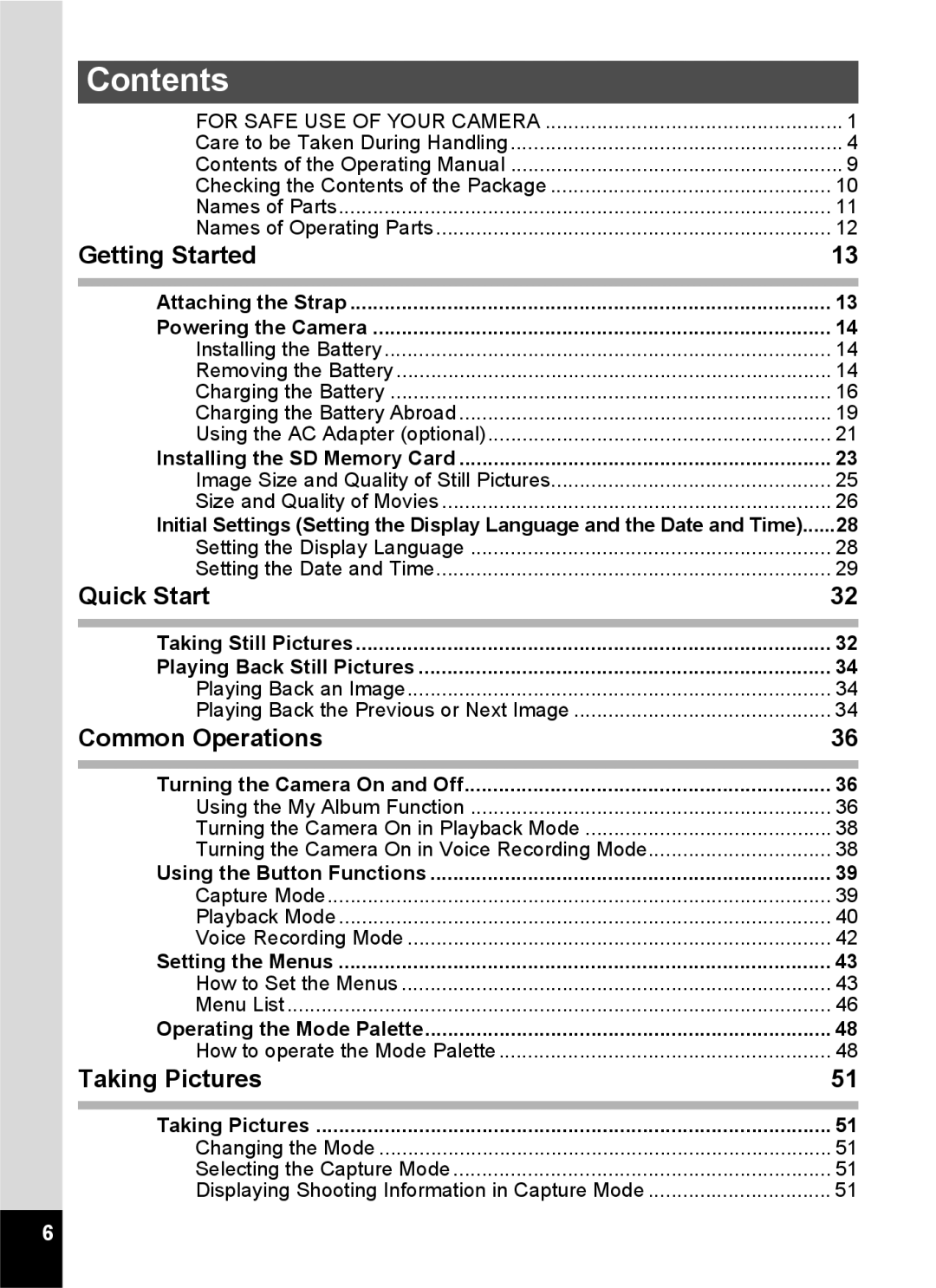 Pentax Optio S6 specifications Contents 