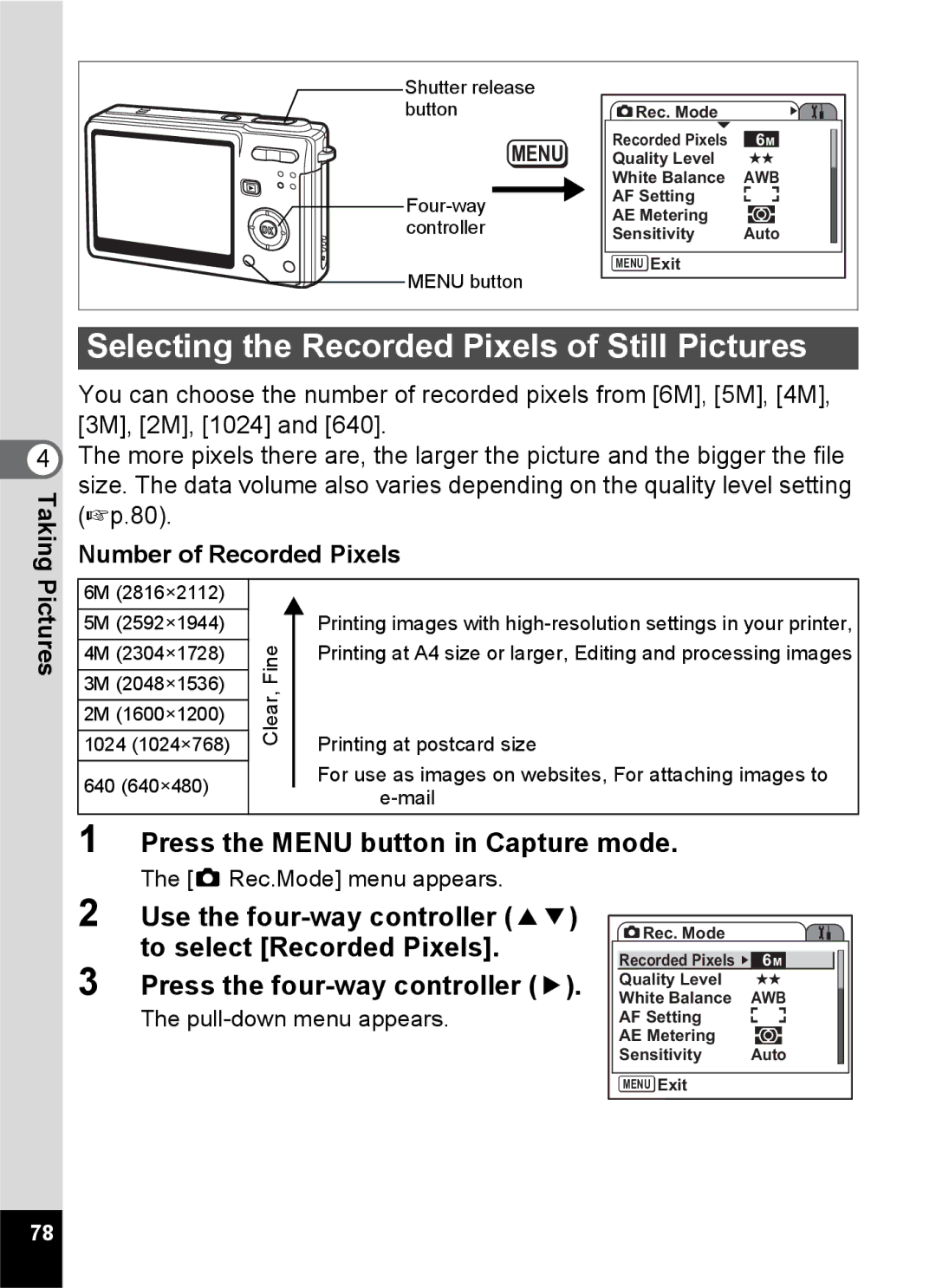 Pentax Optio S6 specifications Selecting the Recorded Pixels of Still Pictures, Number of Recorded Pixels Pictures 