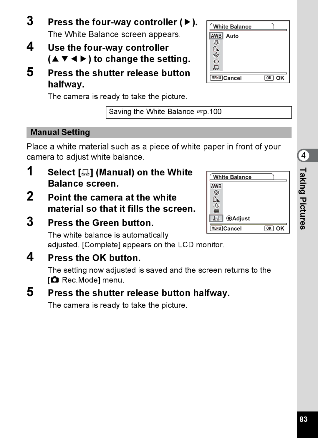 Pentax Optio S6 specifications Select K Manual on the White, Balance screen, Manual Setting 