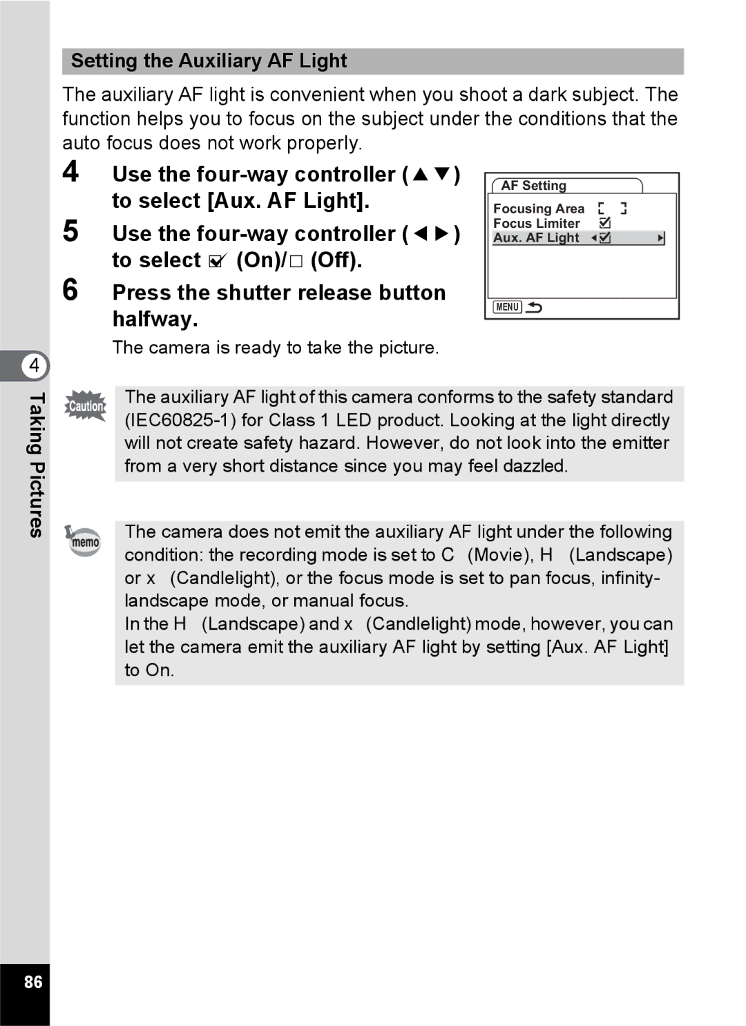 Pentax Optio S6 specifications Setting the Auxiliary AF Light 