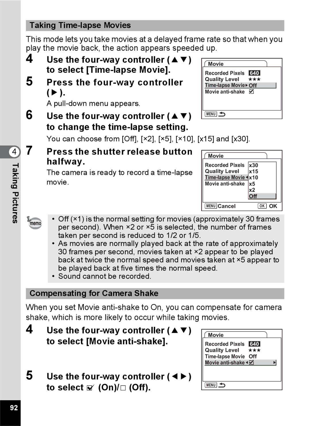 Pentax Optio S6 specifications Taking Time-lapse Movies, Compensating for Camera Shake 