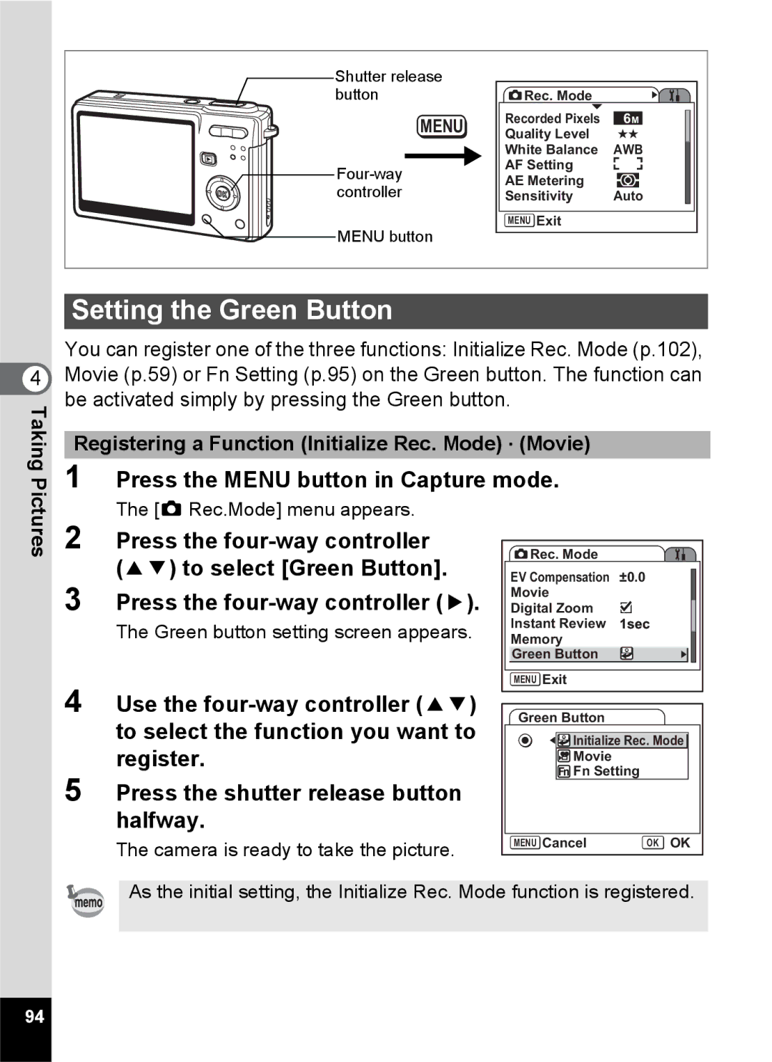 Pentax Optio S6 Setting the Green Button, To select Green Button, Registering a Function Initialize Rec. Mode · Movie 