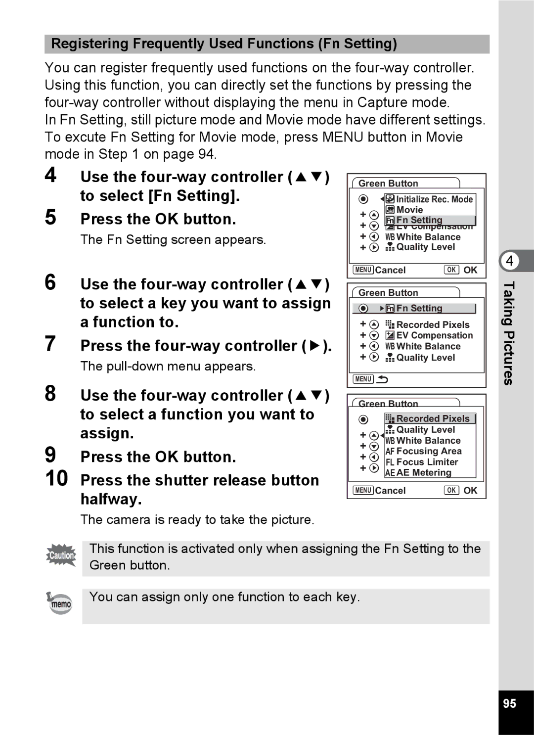 Pentax Optio S6 specifications Press the OK button, Registering Frequently Used Functions Fn Setting 