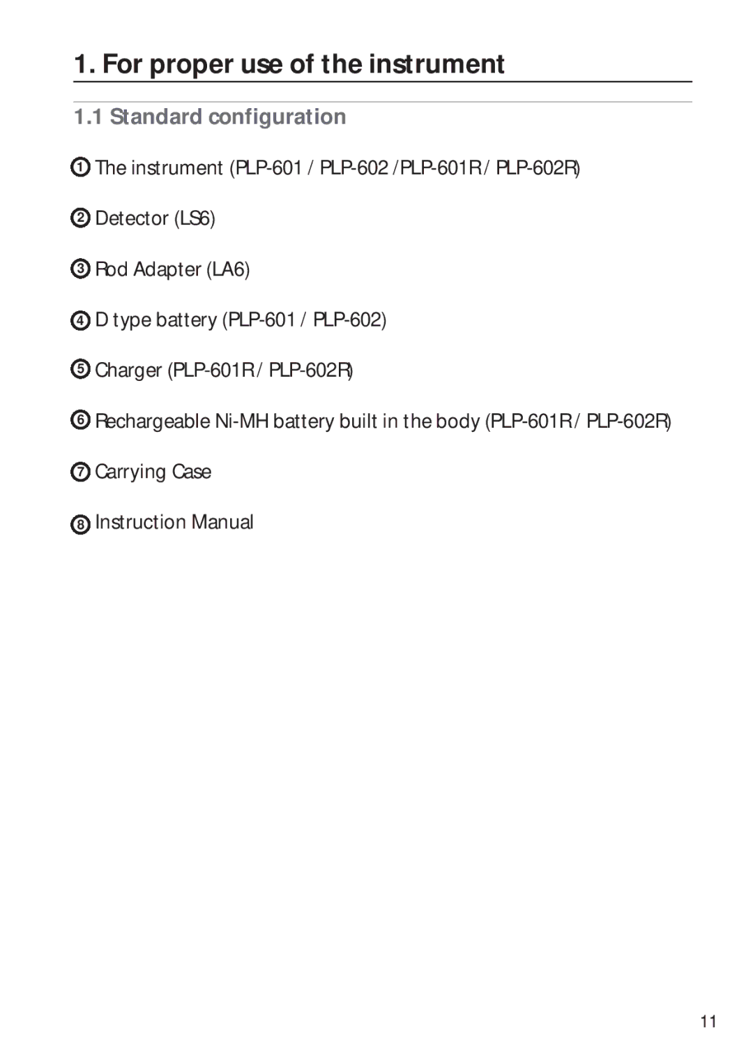 Pentax PLP-602R, PLP-601R instruction manual For proper use of the instrument, Standard configuration 