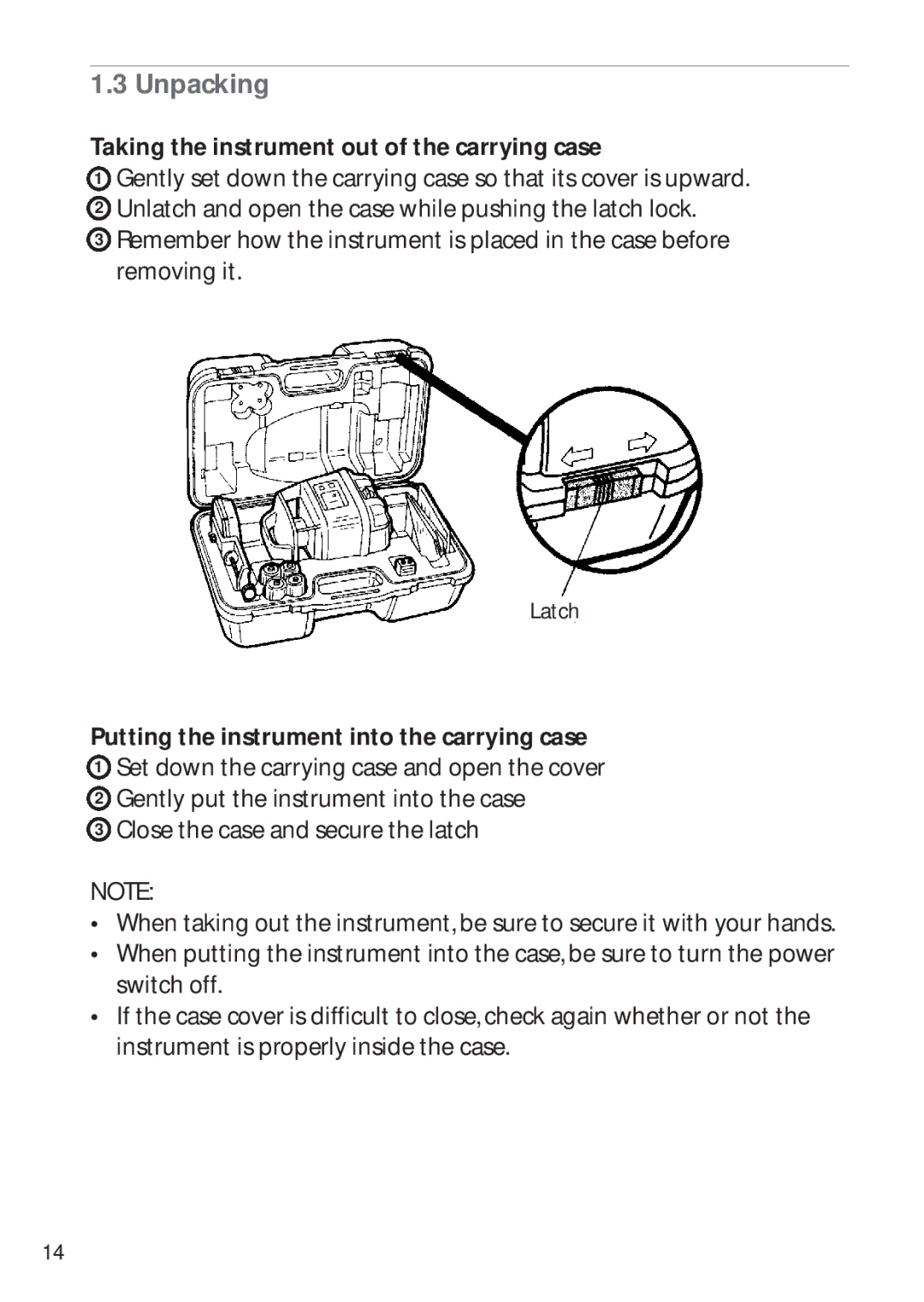 Pentax PLP-601 Unpacking, Taking the instrument out of the carrying case, Putting the instrument into the carrying case 