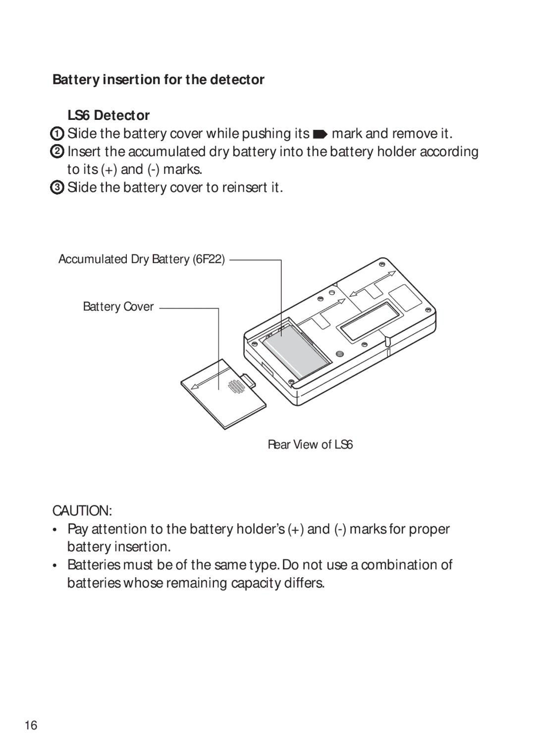 Pentax PLP-602R, PLP-601R instruction manual Battery insertion for the detector LS6 Detector 