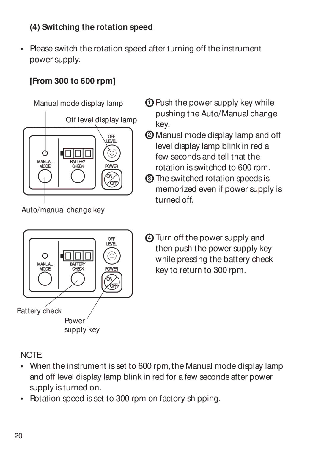 Pentax PLP-602R, PLP-601R instruction manual Switching the rotation speed, From 300 to 600 rpm 