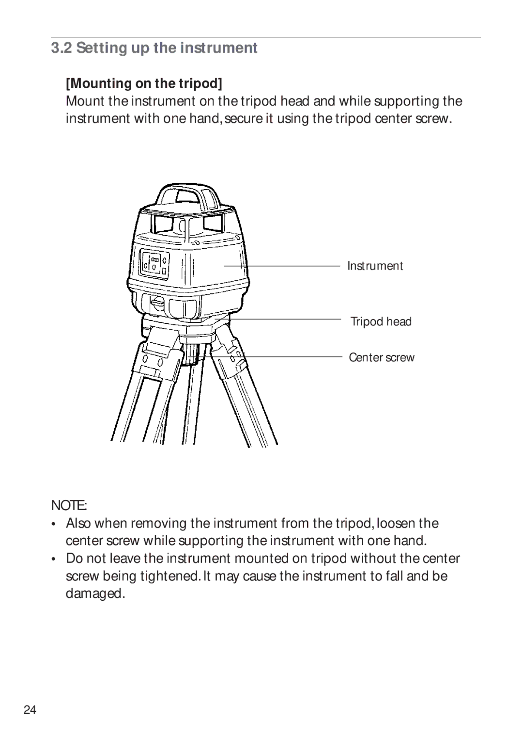 Pentax PLP-602R, PLP-601R instruction manual Setting up the instrument, Mounting on the tripod 