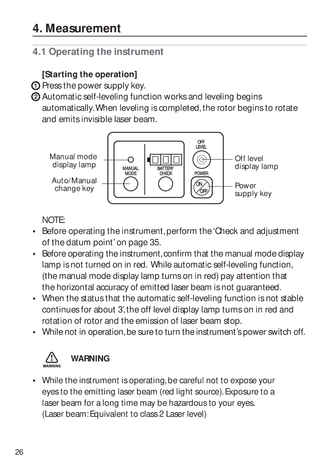 Pentax PLP-602R, PLP-601R instruction manual Measurement, Operating the instrument, Starting the operation 