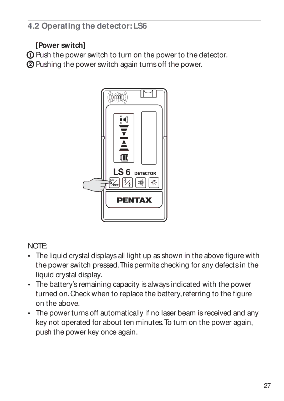 Pentax PLP-602R, PLP-601R instruction manual Operating the detector LS6, Power switch 