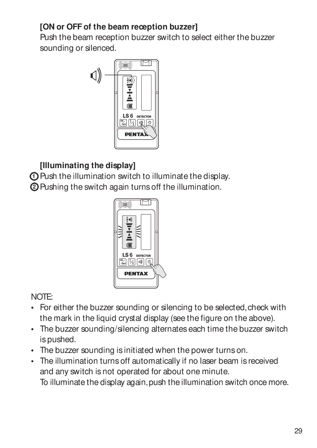 Pentax PLP-601R, PLP-602R instruction manual On or OFF of the beam reception buzzer, Illuminating the display 