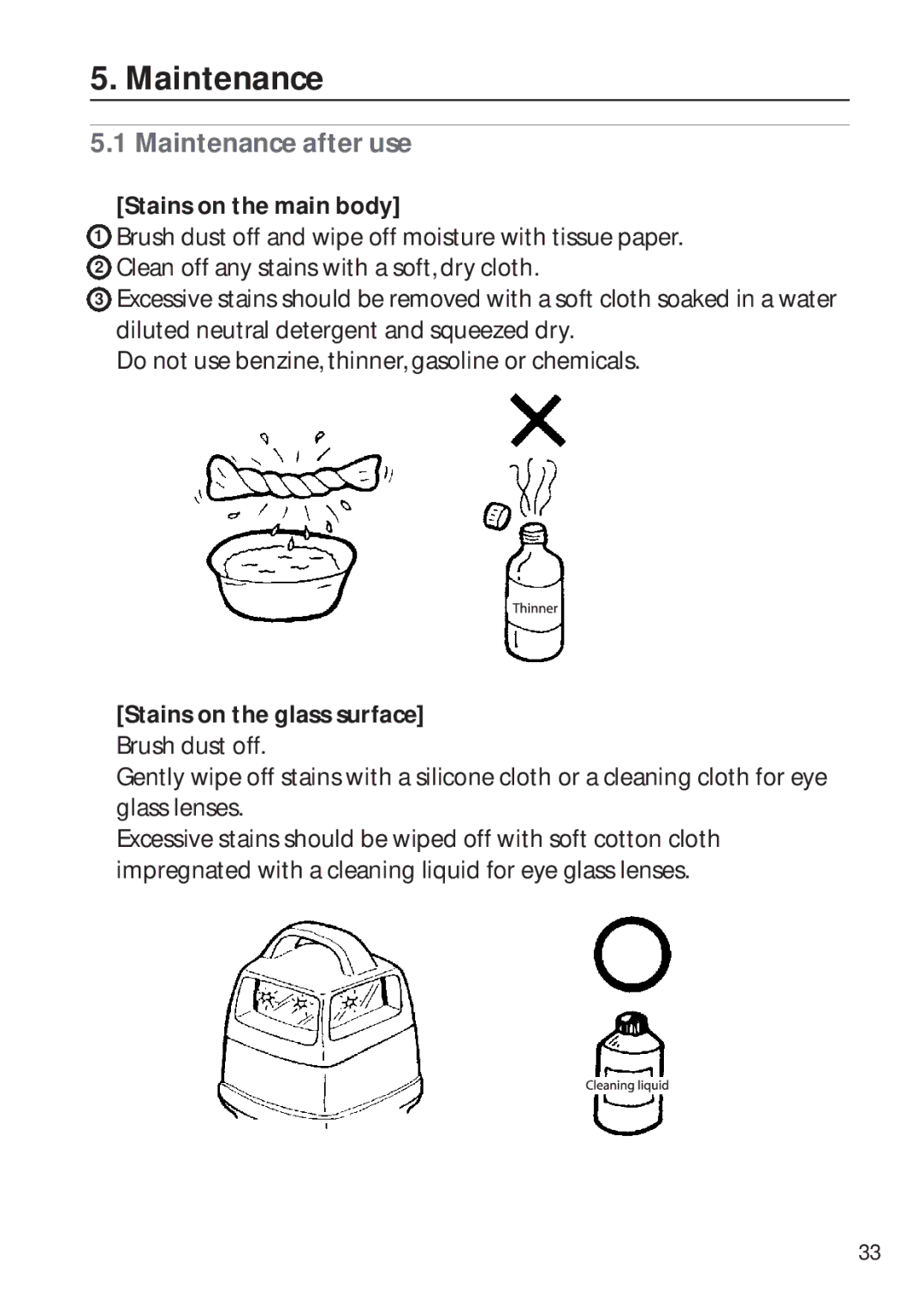 Pentax PLP-601R, PLP-602R instruction manual Maintenance after use, Stains on the main body, Stains on the glass surface 