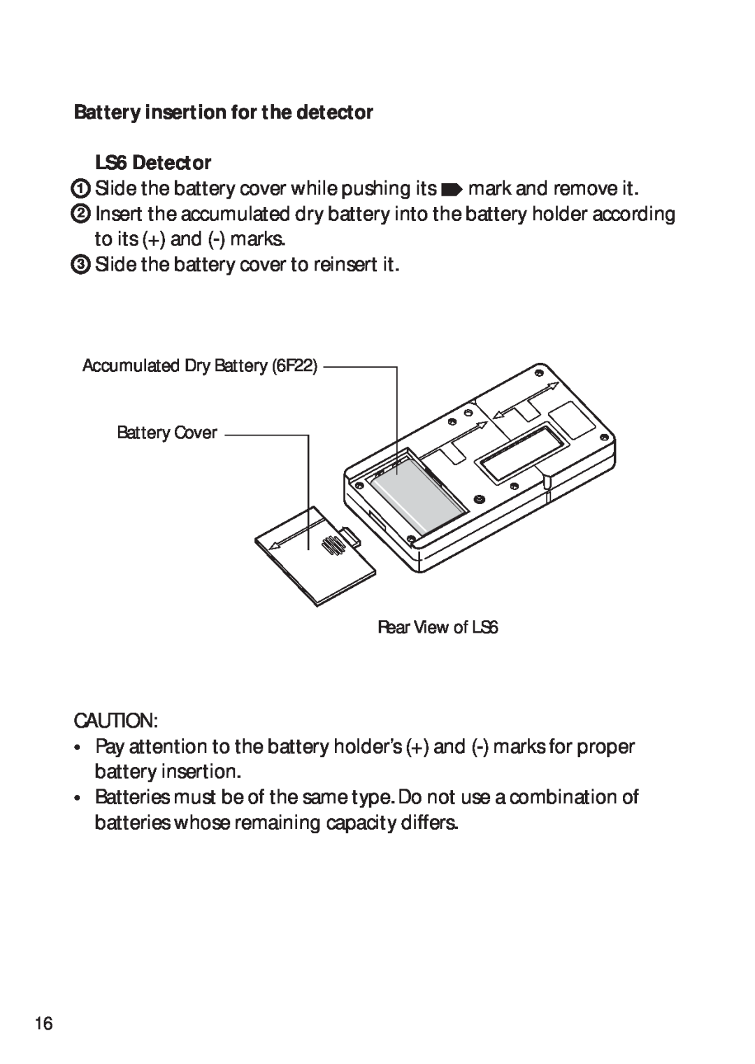 Pentax PLP-602R, PLP-601R instruction manual Battery insertion for the detector LS6 Detector 