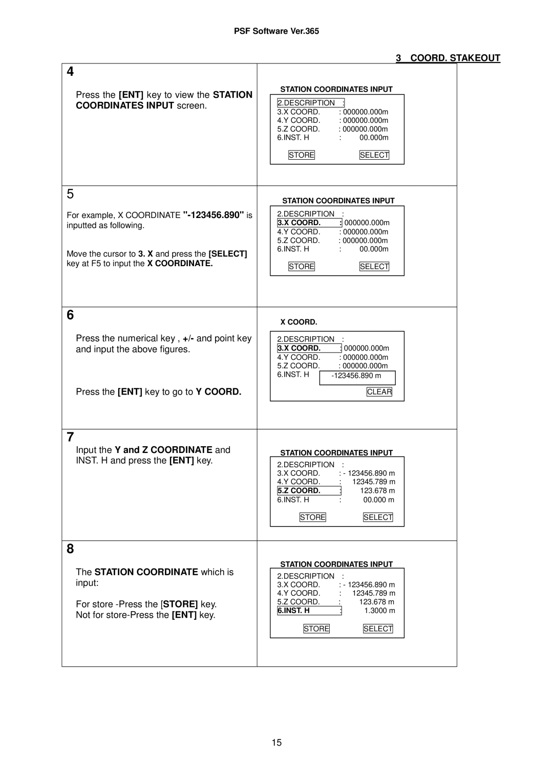 Pentax R-335(N), R-325(N), R-323(N) Coordinates Input screen, Input the Y and Z Coordinate, Station Coordinate which is 