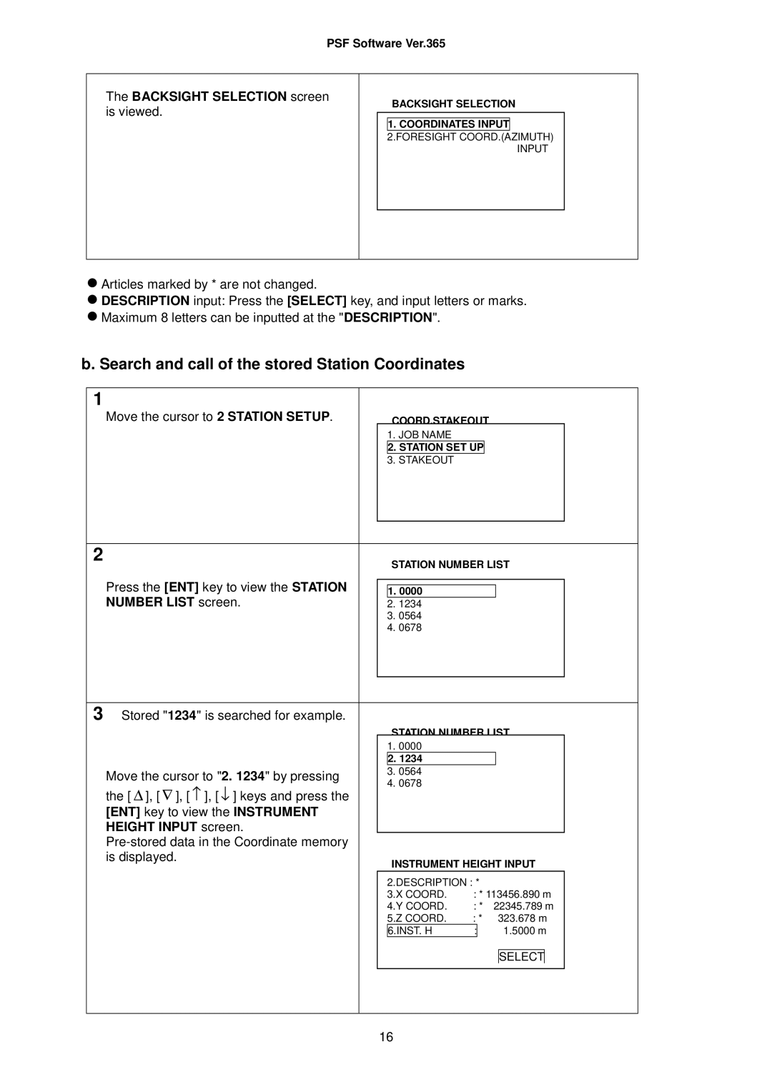 Pentax R-323(N), R-325(N), R-335(N) Search and call of the stored Station Coordinates, Backsight Selection screen is viewed 