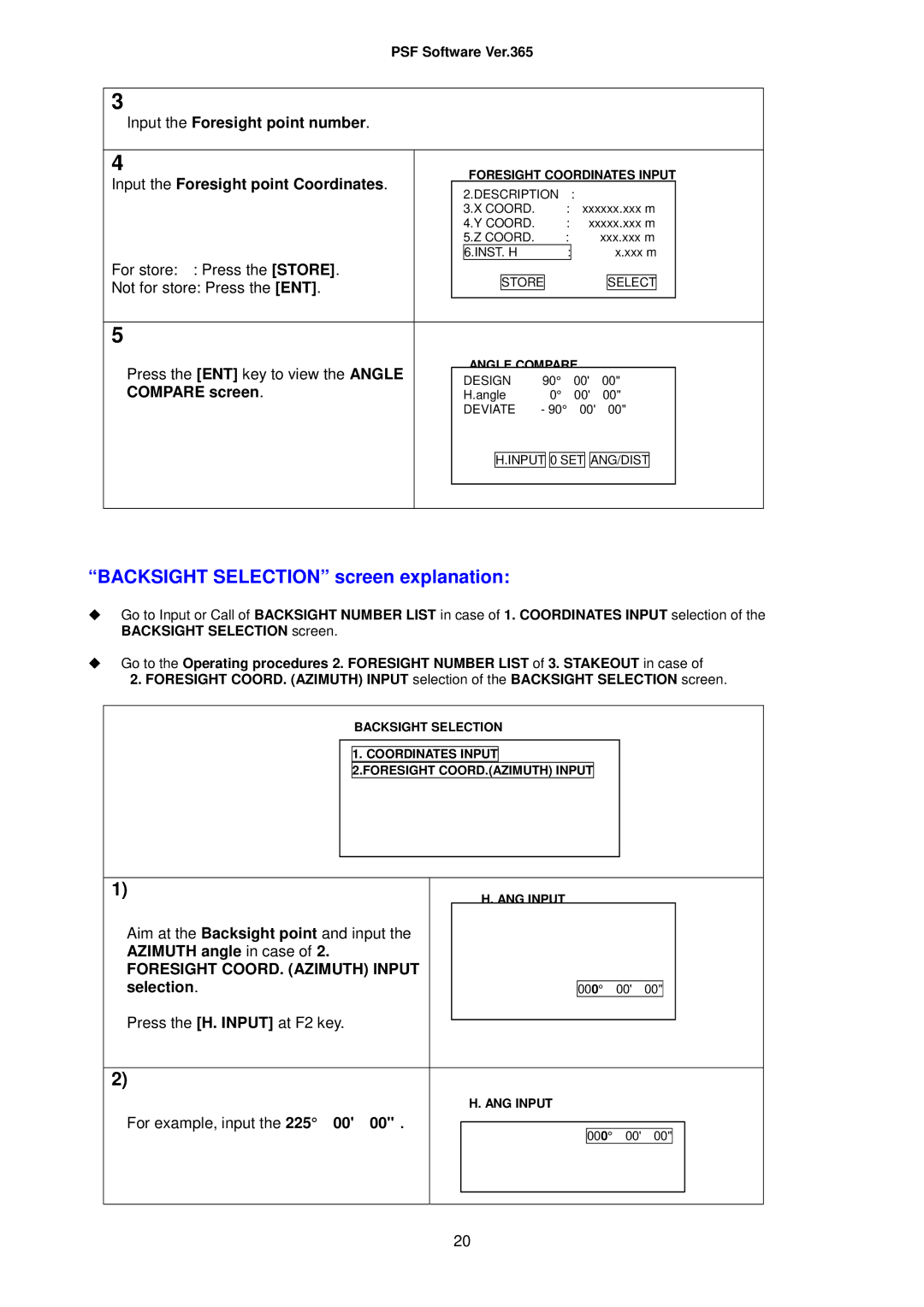 Pentax R-335(N), R-325(N), R-323(N) Input the Foresight point number, Input the Foresight point Coordinates, Compare screen 