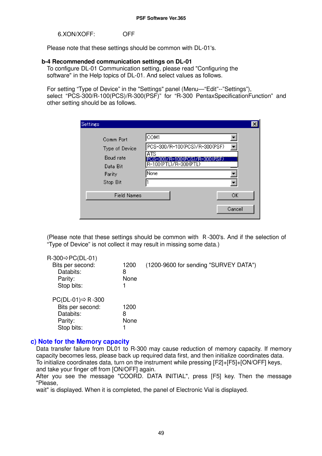 Pentax R-325(N), R-335(N), R-323(N), R-322(N), R326 instruction manual Recommended communication settings on DL-01 