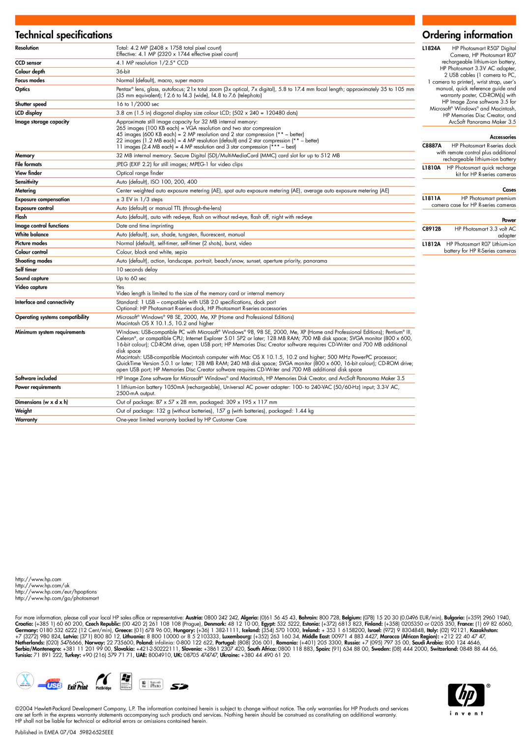 Pentax R507 manual Technical specifications, Ordering information 