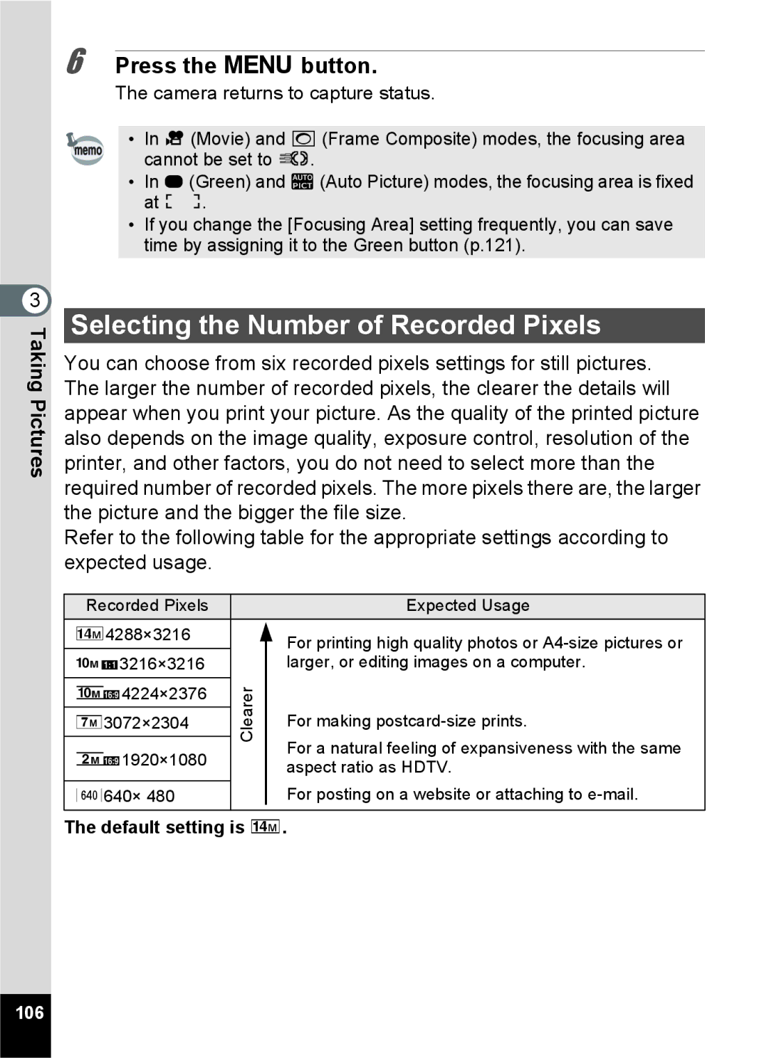 Pentax 16811, RZ10, 16841, 16826, 16861 manual Selecting the Number of Recorded Pixels, Default setting is g, 106 