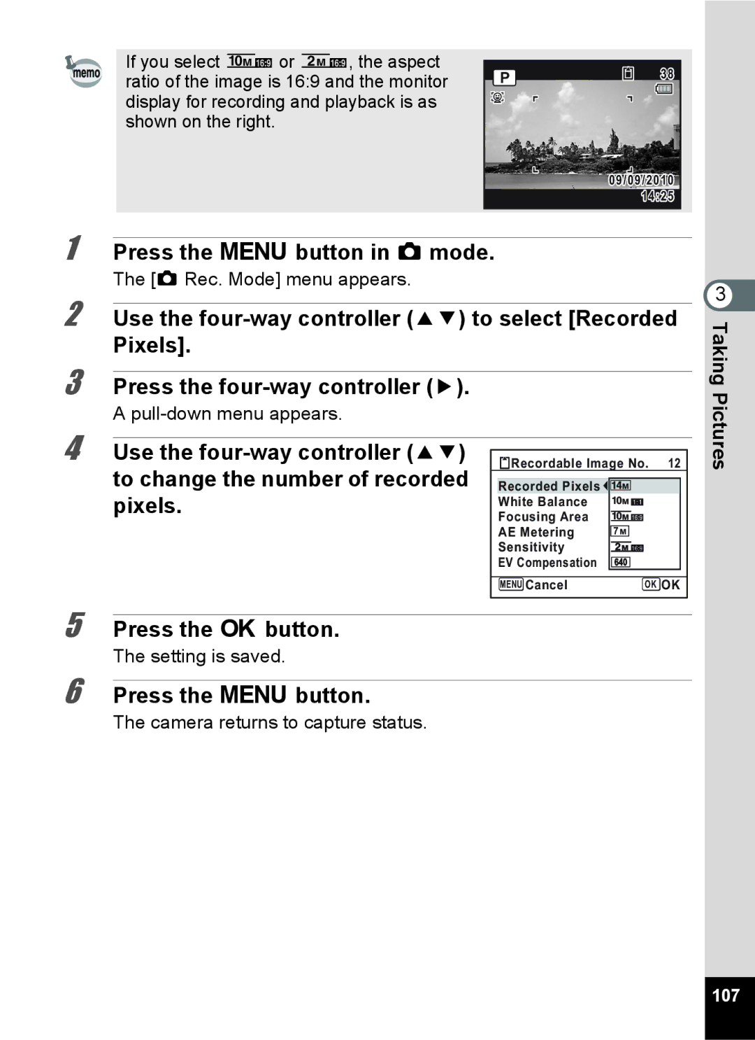 Pentax 16861, RZ10, 16841 manual Use the four-way controller 23 to select Recorded, Pixels Press the four-way controller, 107 