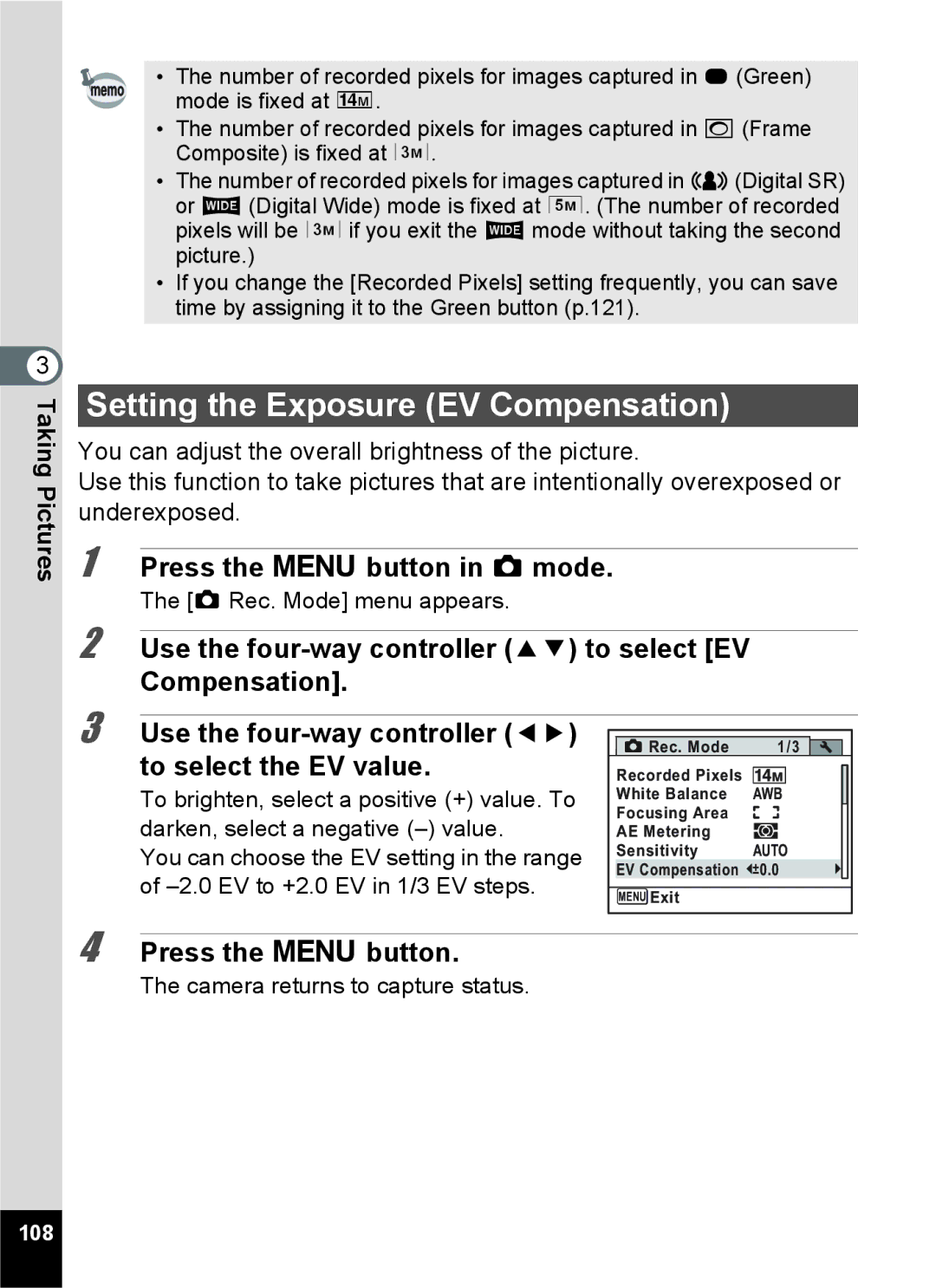 Pentax RZ10, 16841 Setting the Exposure EV Compensation, Use the four-way controller 23 to select EV Compensation, 108 