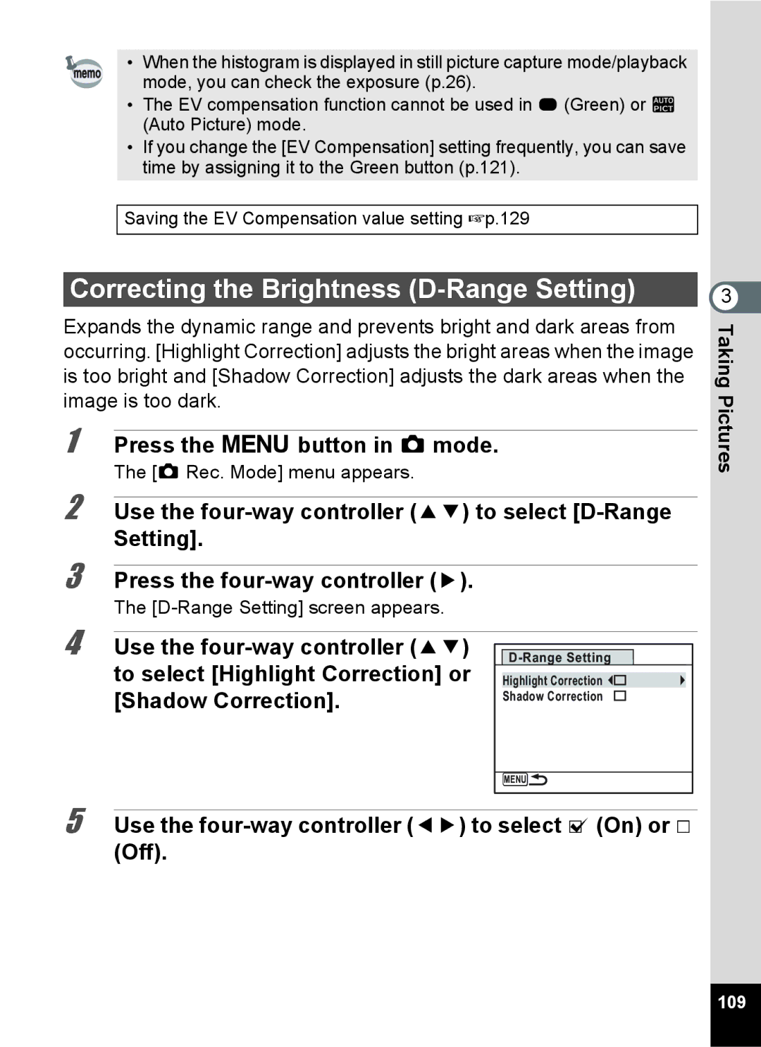 Pentax 16841, RZ10, 16826, 16811, 16861 manual Correcting the Brightness D-Range Setting 