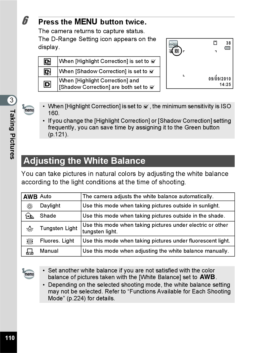 Pentax 16826, RZ10, 16841, 16811, 16861 manual Adjusting the White Balance, Press the 3 button twice, Display, 110 