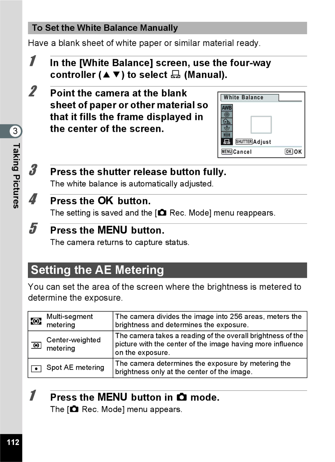 Pentax 16861, RZ10, 16841, 16826, 16811 manual Setting the AE Metering, To Set the White Balance Manually, 112 