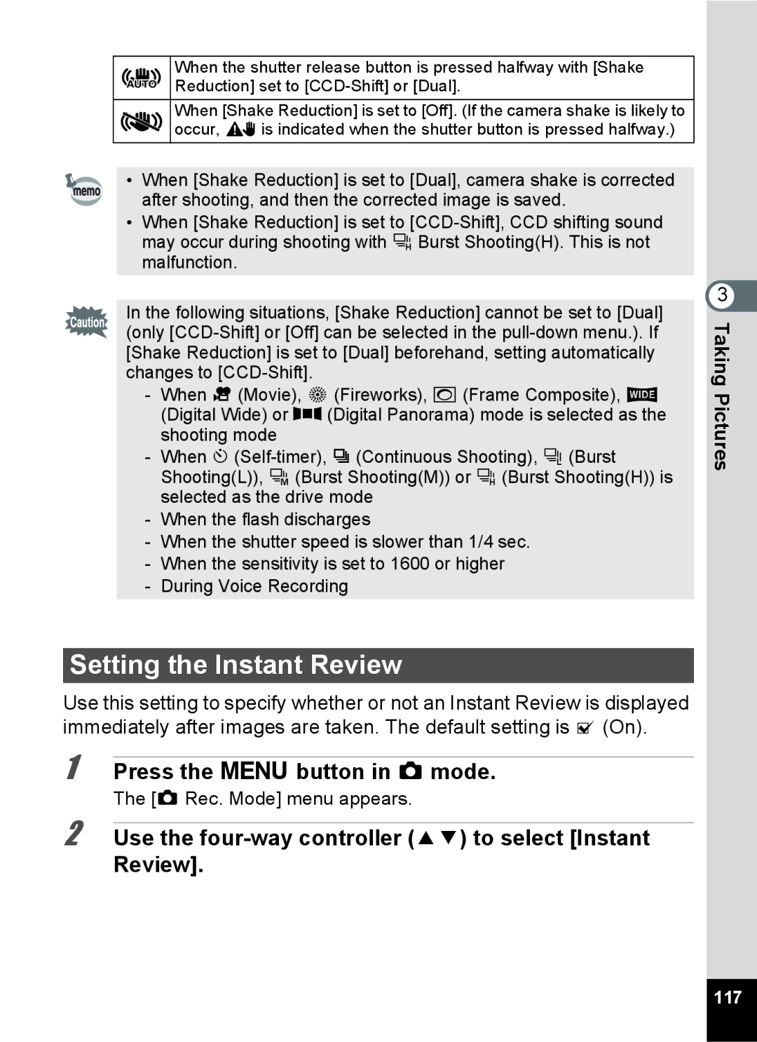 Pentax 16861, RZ10, 16841, 16826 Setting the Instant Review, Use the four-way controller 23 to select Instant Review, 117 