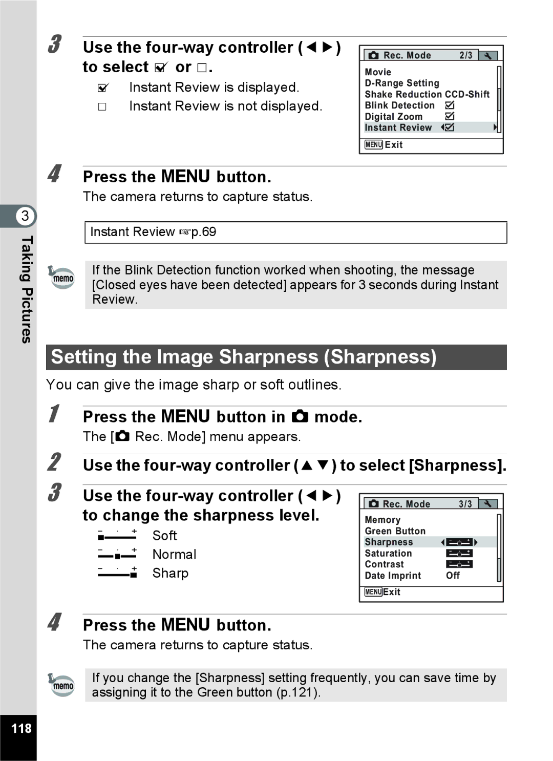 Pentax RZ10 Setting the Image Sharpness Sharpness, Use the four-way controller 45 to select O or P, Soft Normal Sharp, 118 