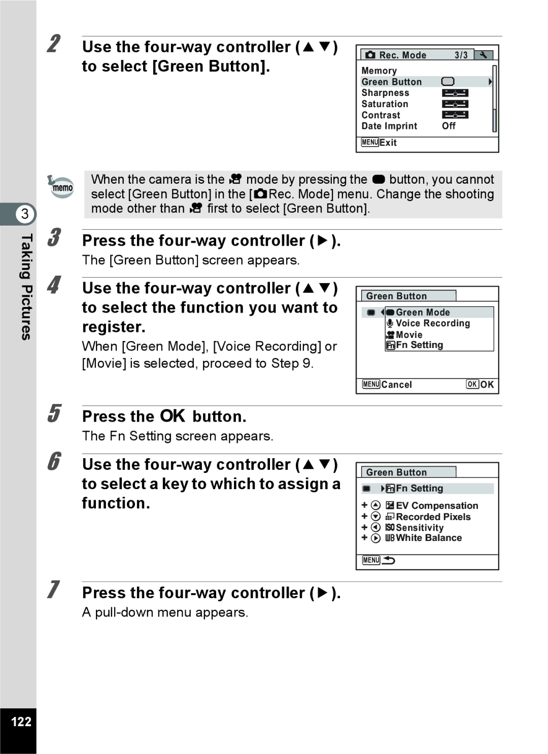 Pentax 16861, RZ10, 16841, 16826, 16811 manual Mode other than C first to select Green Button, 122 