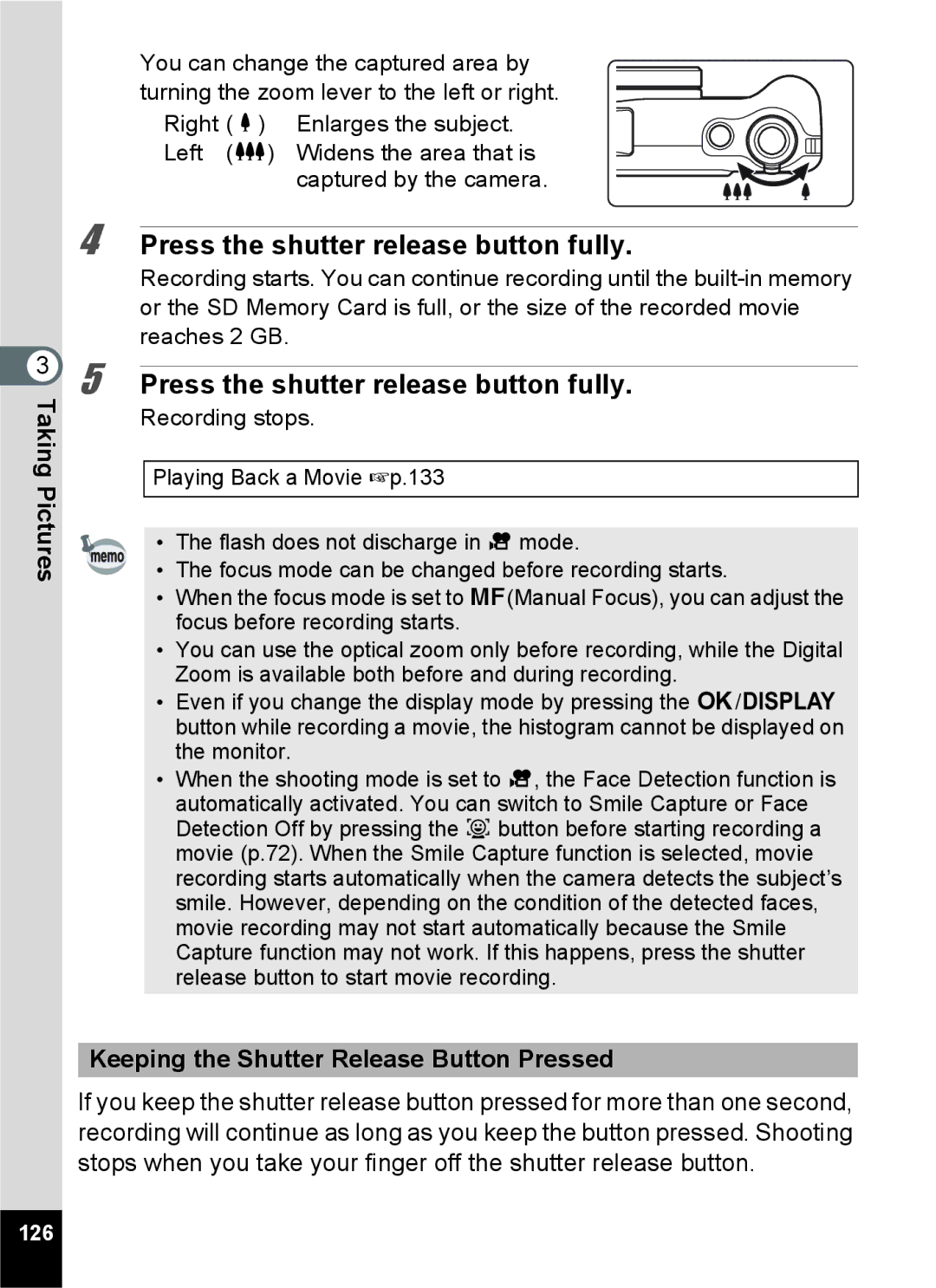 Pentax 16811, RZ10, 16841, 16826, 16861 manual Keeping the Shutter Release Button Pressed, 126 