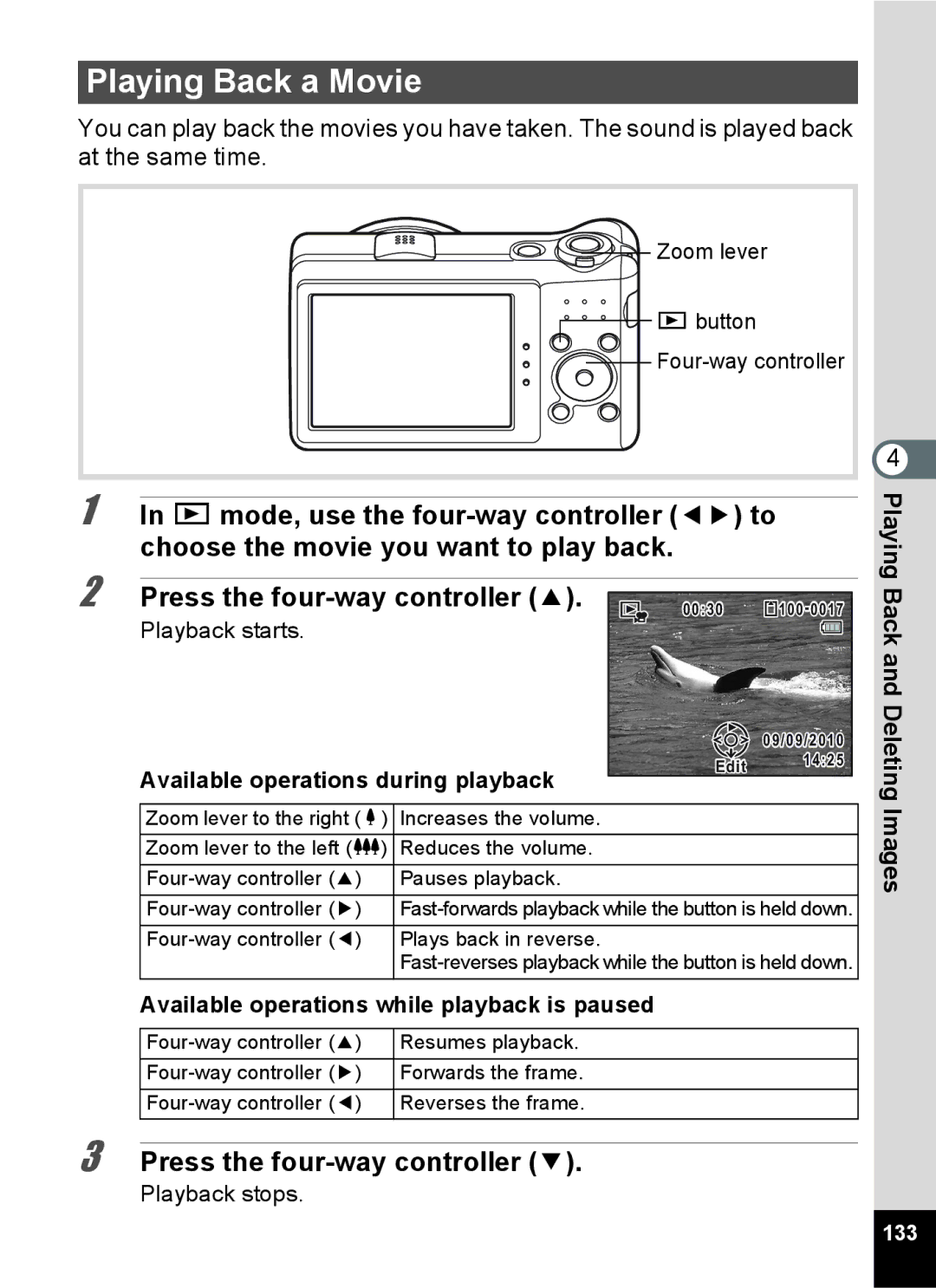 Pentax RZ10, 16841, 16826, 16811, 16861 manual Playing Back a Movie, Deleting Images, Available operations during playback, 133 