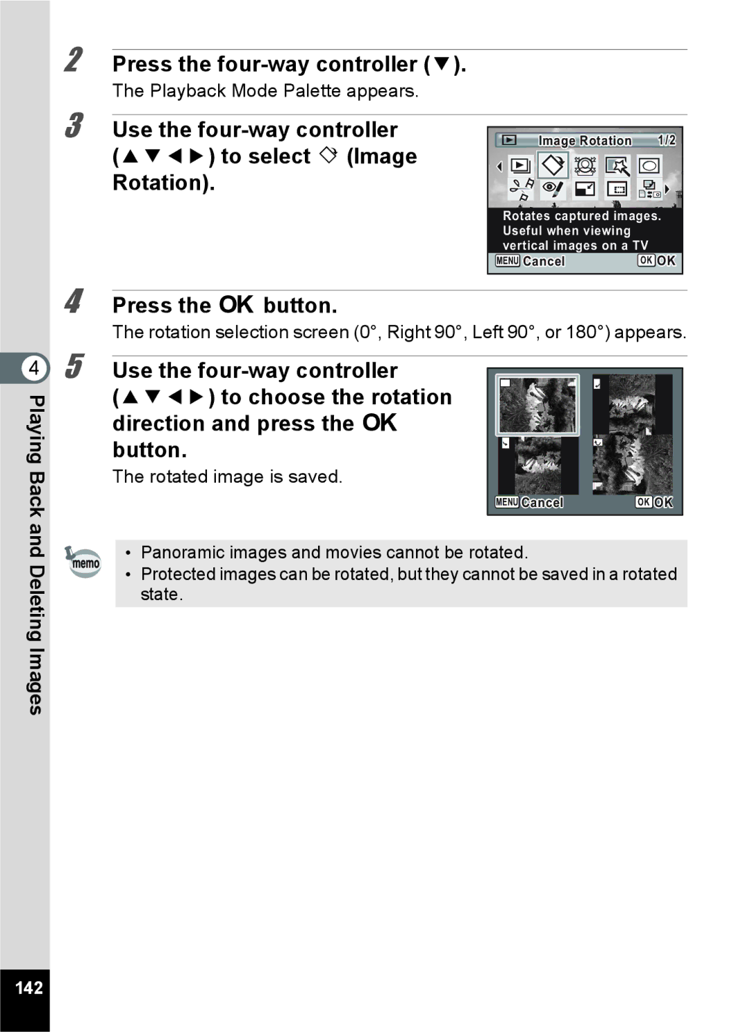 Pentax 16861, RZ10, 16841, 16826, 16811 manual To select s Image Rotation, Rotated image is saved, 142 