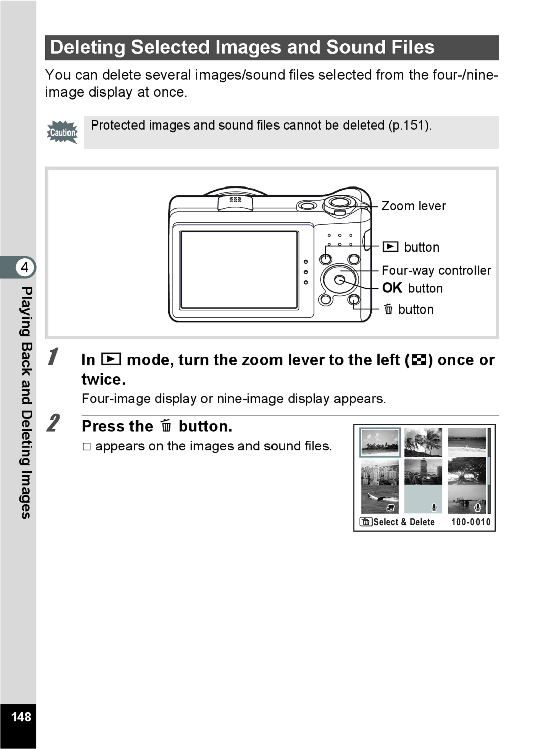 Pentax RZ10, 16841 Deleting Selected Images and Sound Files, Q mode, turn the zoom lever to the left f once or twice, 148 